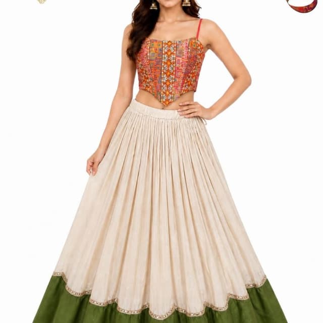 Multi-colored print top with cream and moss green skirt Lehenga Choli