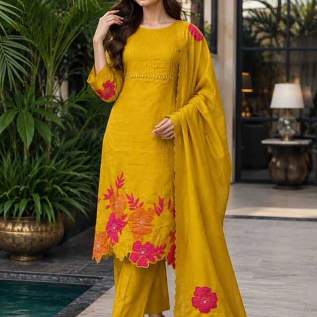 Mustard yellow base with vibrant pink and orange floral accents Salwar Kameez Set