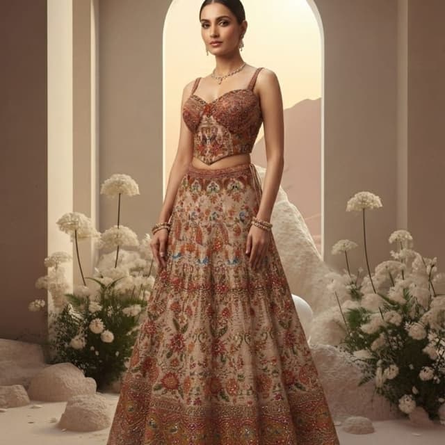 Beige, rust, terracotta, metallic gold, hints of blue and green Lehenga Choli