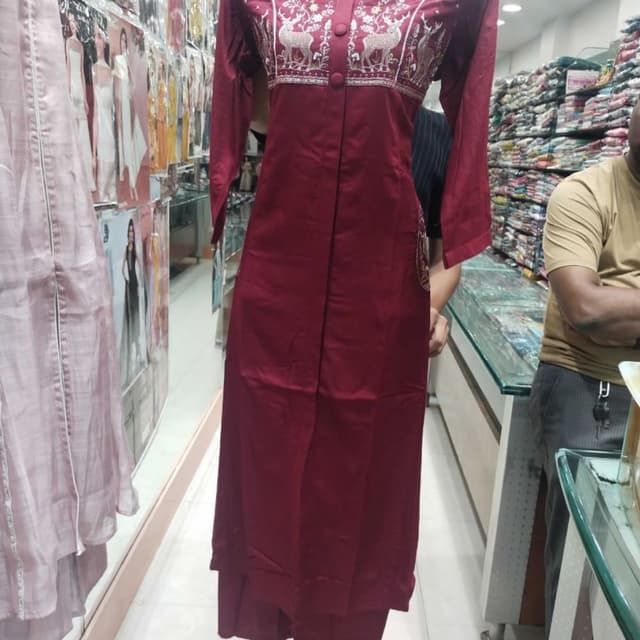 Deep maroon, metallic gold, silver Kurti