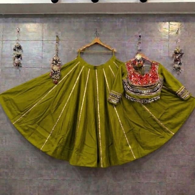 Olive Green, Red, White, Gold Lehenga Choli