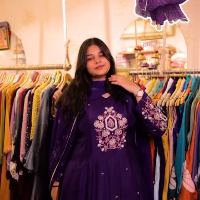 Deep Royal Purple with white and pink floral embroidery Anarkali Suit Set