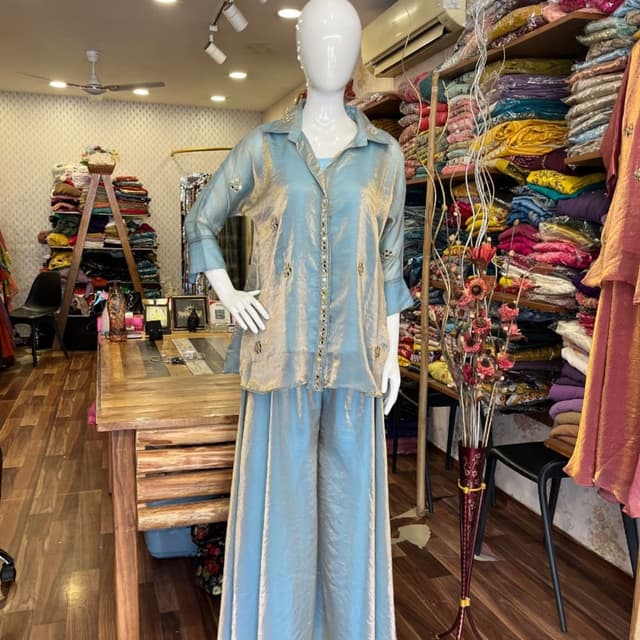 Powder blue with metallic gold sheen Co-ord set (collared shirt and palazzo pants)