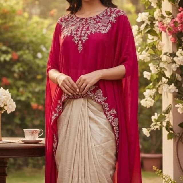 Magenta and Beige Indo-Western Saree/Cape Set