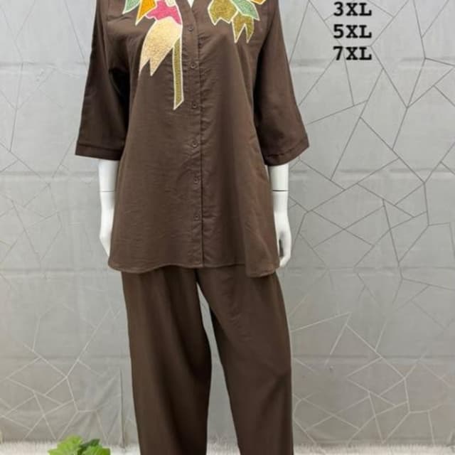 Solid brown base with multi-colored embroidery (pink, orange, yellow, green) Co-ord Set