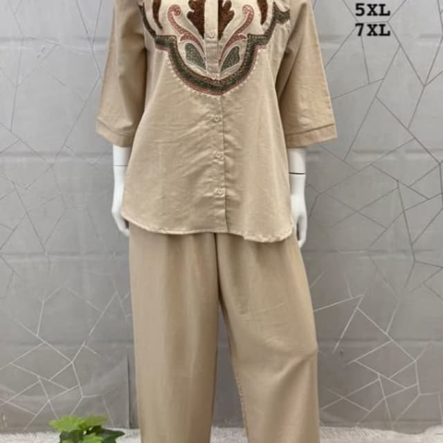 Beige, Earth tones with multi-color embroidery including brown, green, and coral Co-ord Set (Tunic and Pants)