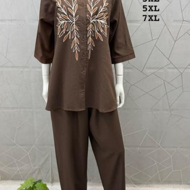 Brown, with white and light brown embroidery Kurti and pant set