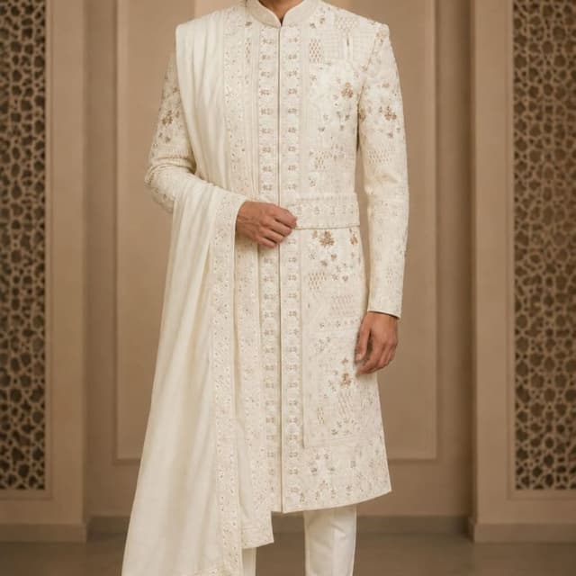 Off-white, cream, ivory Sherwani