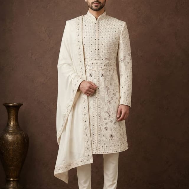 Off-white or cream with silver accents Sherwani with Stole and Trousers