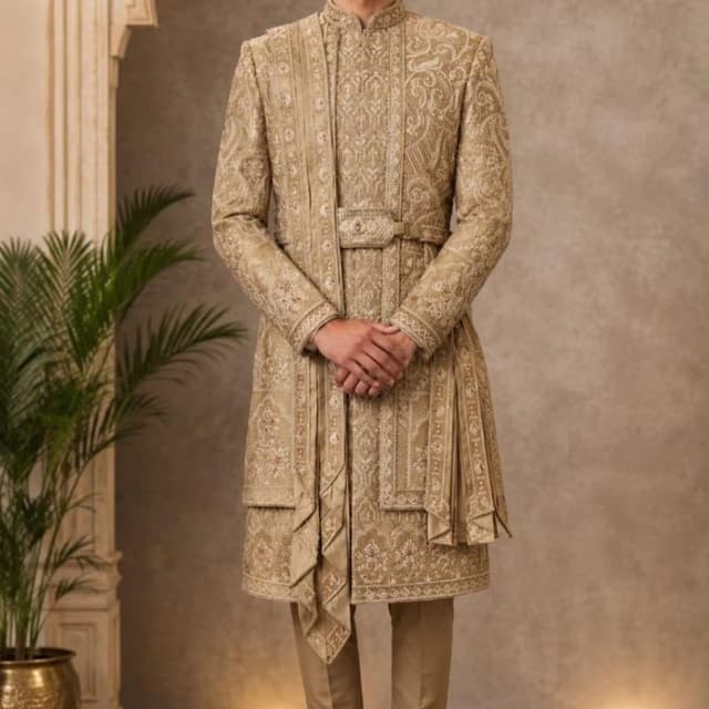 Beige and Gold Monochromatic Sherwani