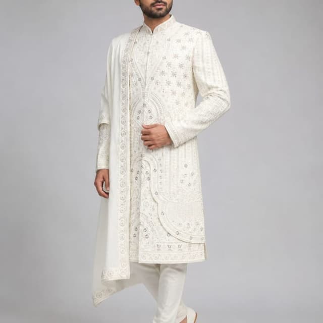 Off-white and Silver Sherwani Set