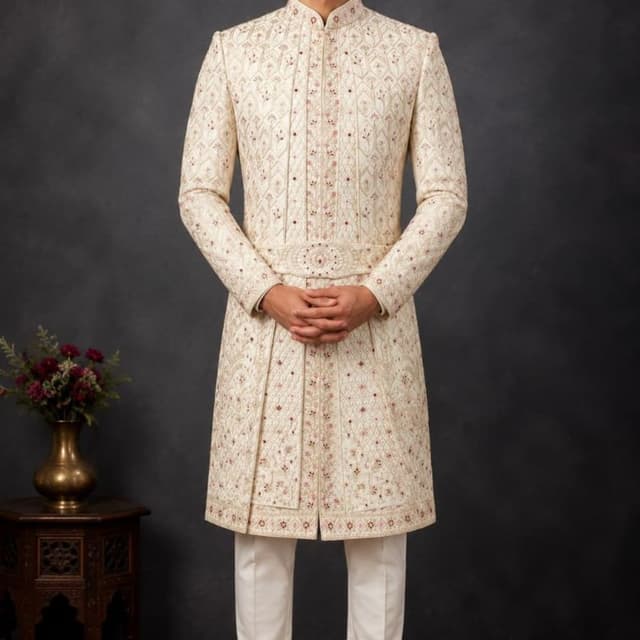 Off-white, cream, with subtle hints of pink and maroon in embroidery Sherwani