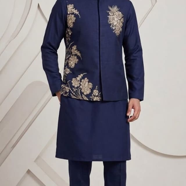 Navy Blue with Gold Embroidery Indo-Western Kurta Set with Nehru Jacket
