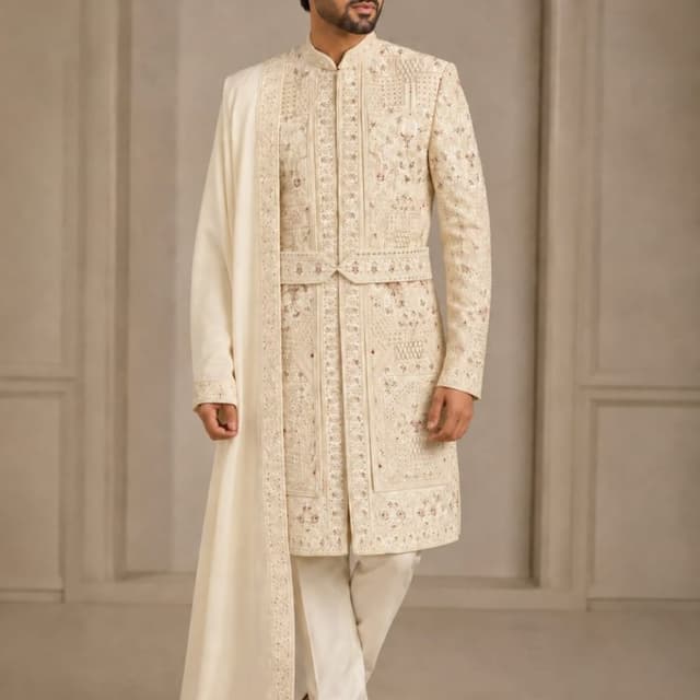 Off-white, Cream, Gold Sherwani