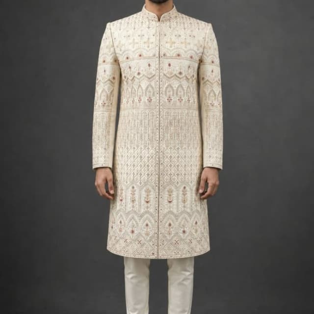 Off-white, cream, with subtle hints of gold, maroon, and beige Sherwani