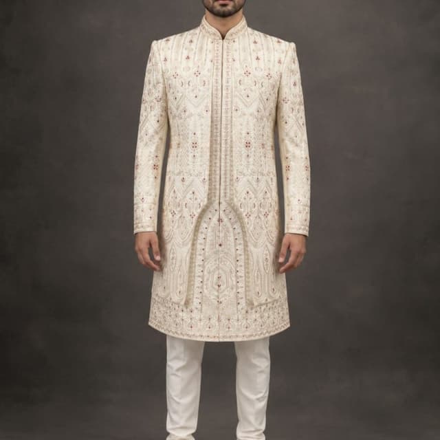 Off-white, cream, with accents of maroon and gold embroidery Sherwani