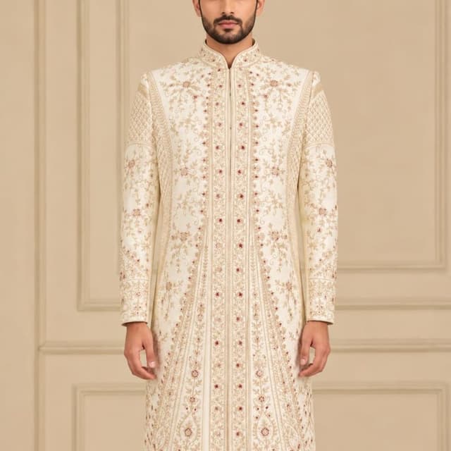Off-white base with gold and maroon embroidery Sherwani