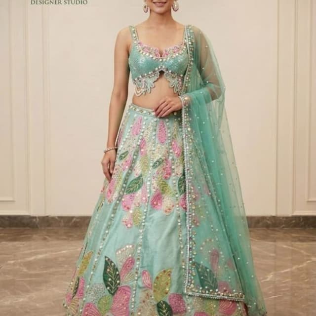 Seafoam green, pastel pink, olive green, and gold accents Lehenga Choli