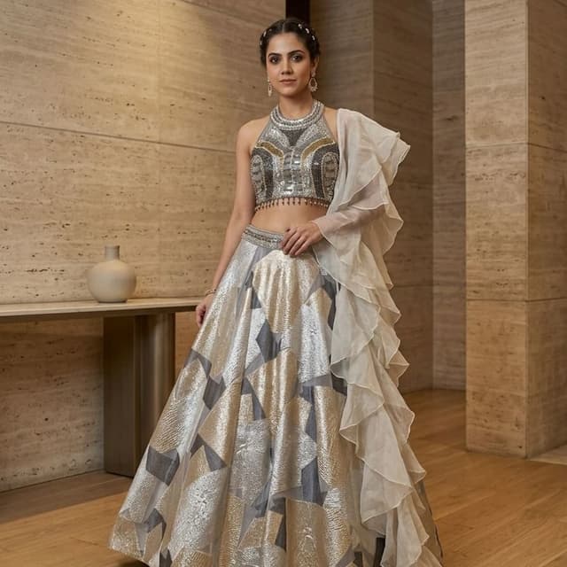 Silver, Gold, Grey, Off-White Lehenga Choli