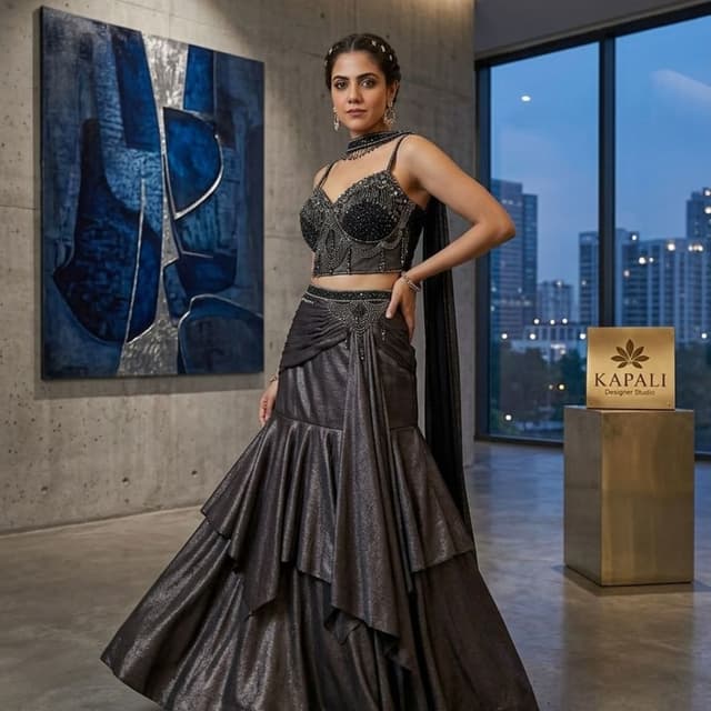 Charcoal Black, Gunmetal Grey Lehenga Choli