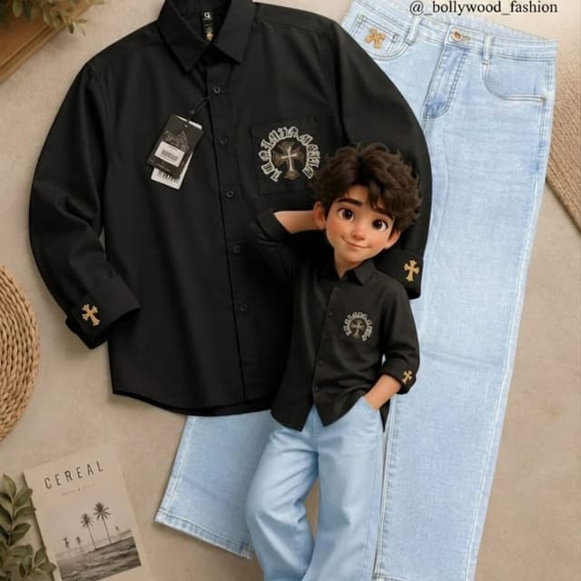 Black shirt, light blue jeans, gold accents Shirt and Jeans set