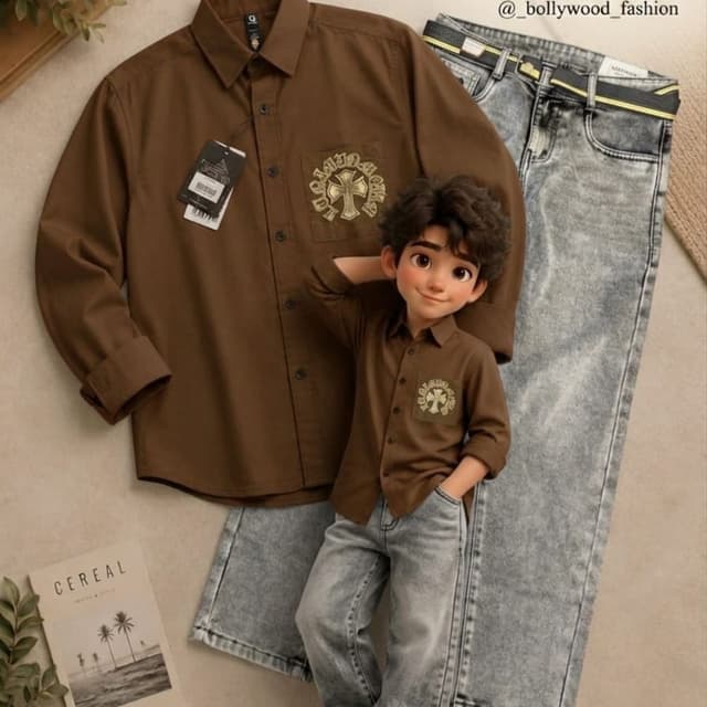 Brown shirt with grey distressed denim Shirt and jeans set