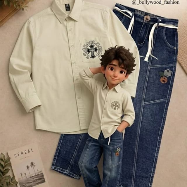 Beige shirt, dark blue denim jeans, black and white accents Shirt and Jeans set