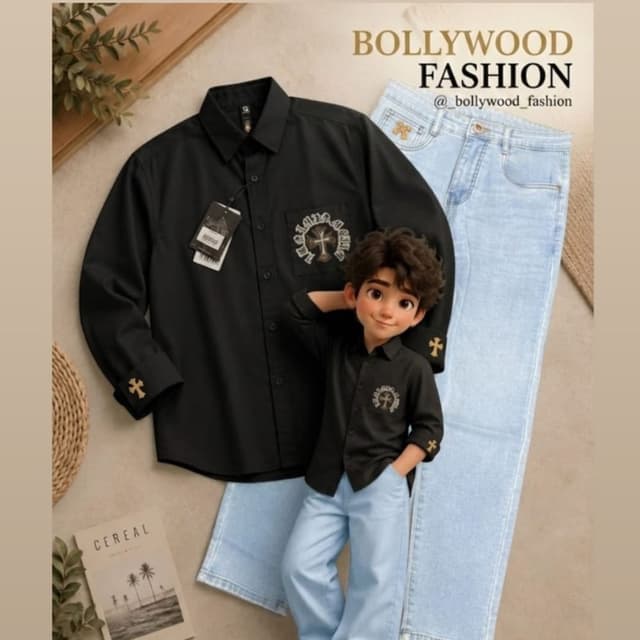 Black shirt, light blue denim jeans Shirt and Jeans set