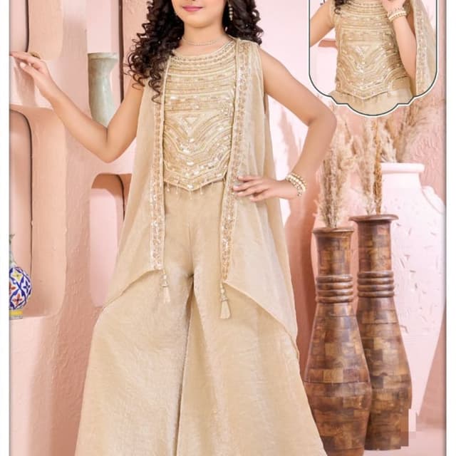 Champagne gold, beige, and metallic accents Sharara suit set with shrug