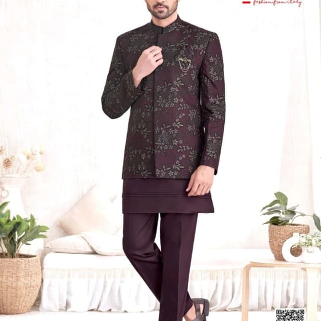 Dark plum, wine, with muted olive green threadwork Jodhpuri Suit with Kurta