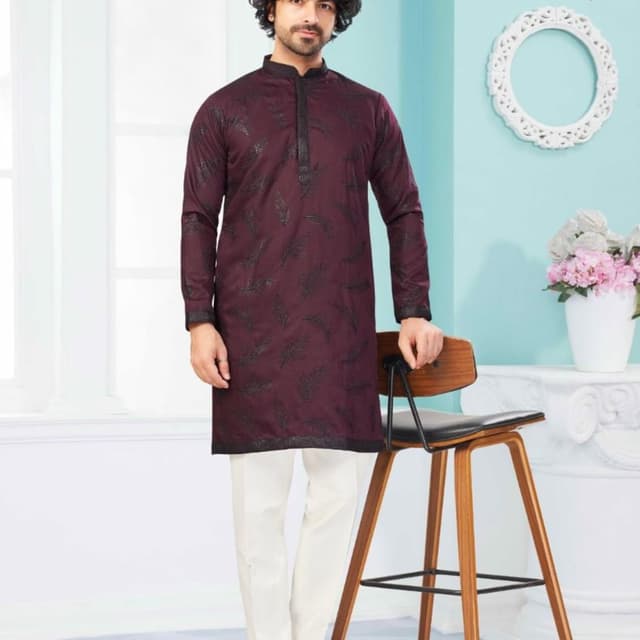 Deep Wine or Maroon, Black, Off-white Kurta