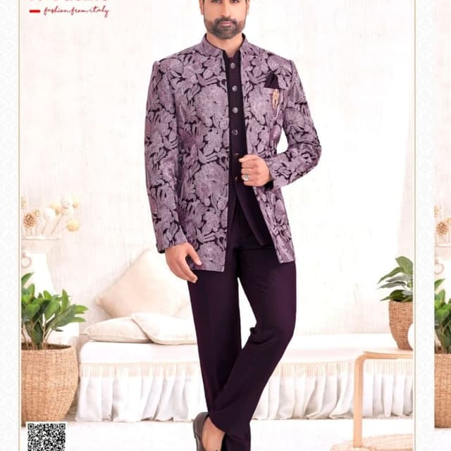 Deep purple and light lavender Indo-Western Suit (Jodhpuri style blazer, inner vest, and trousers)