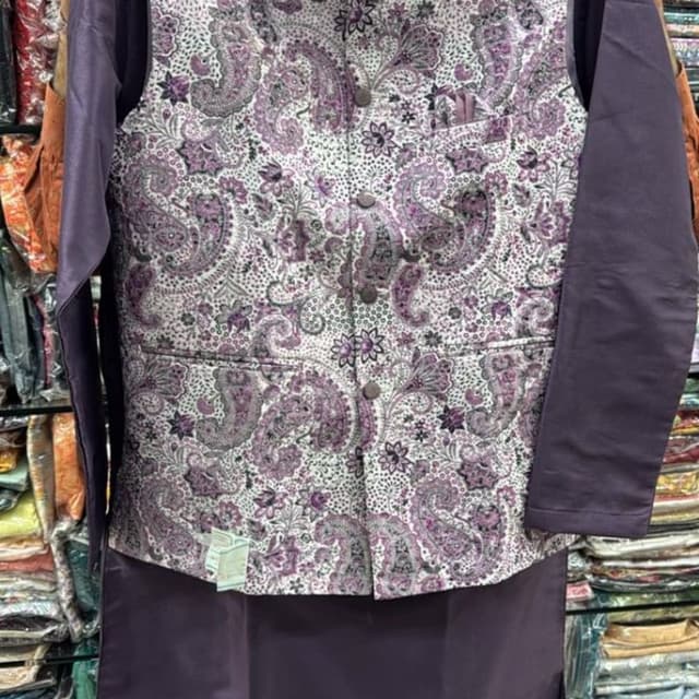 Deep purple base with a white and purple patterned Nehru jacket Kurta Pyjama with Nehru Jacket