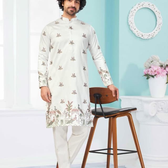 Off-white base with multi-colored embroidery including green, brown, and muted red tones Kurta
