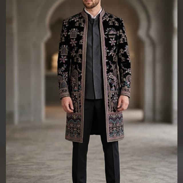 Black base with multi-colored embroidery including pink, blue, white, and sage green Sherwani / Indo-Western Achkan