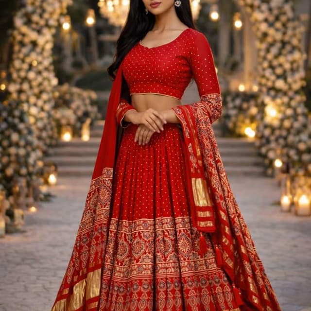 Vibrant red with metallic gold accents Lehenga Choli
