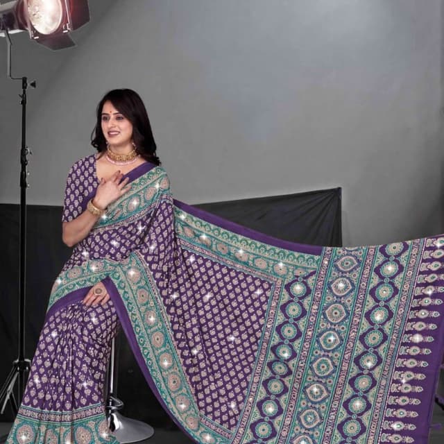 Deep purple, teal, and beige with white accents Saree