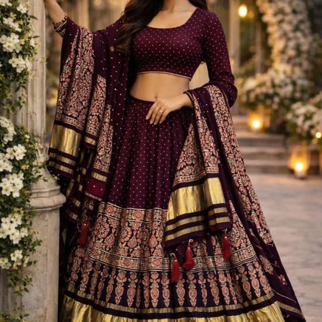 Deep purple, gold, and multi-colored embroidery Lehenga Choli