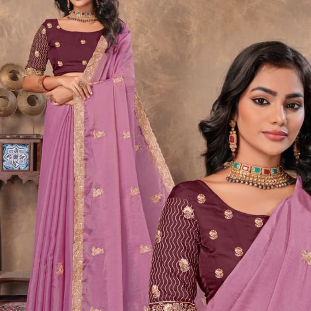 Deep maroon/burgundy blouse with a lavender/mauve saree and gold embroidery Saree