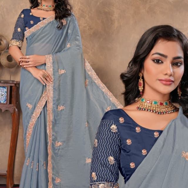 Grey, Navy Blue, Rose Gold Saree