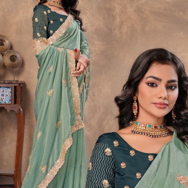 Sage green, forest green, and gold Saree
