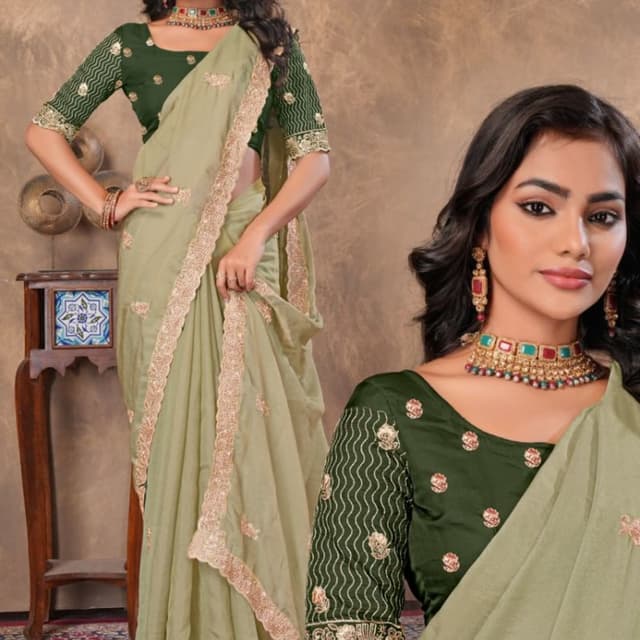 Olive green, Dark forest green, Gold Saree
