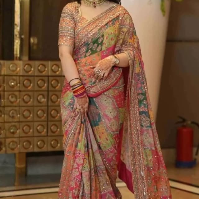 Multicolor, Pink, Peach, Green, Yellow, Gold Saree