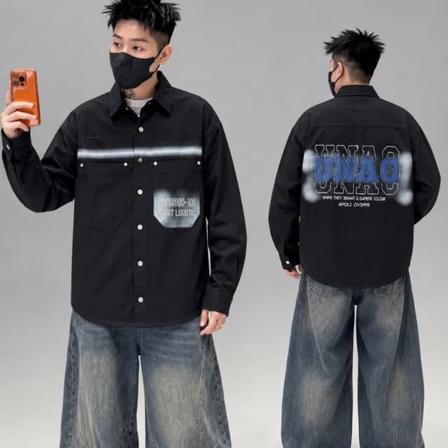 Black base with white and blue graphic detailing Shirt Jacket / Overshirt