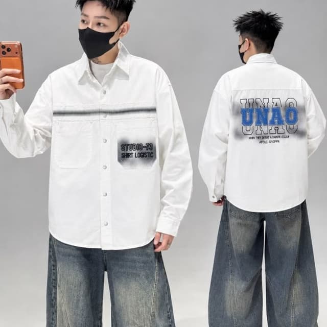 White with black and blue accents Shirt