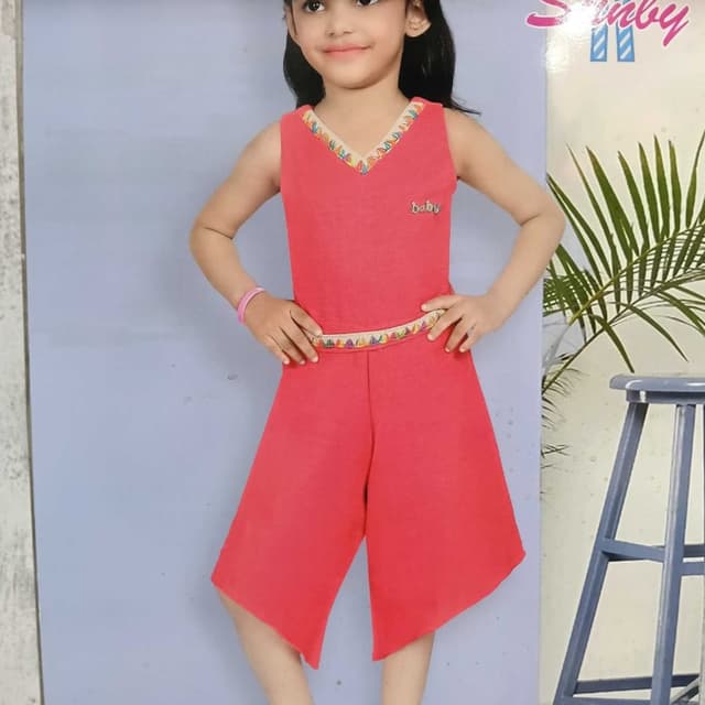 Solid coral-pink with multi-colored embroidery trim Jumpsuit