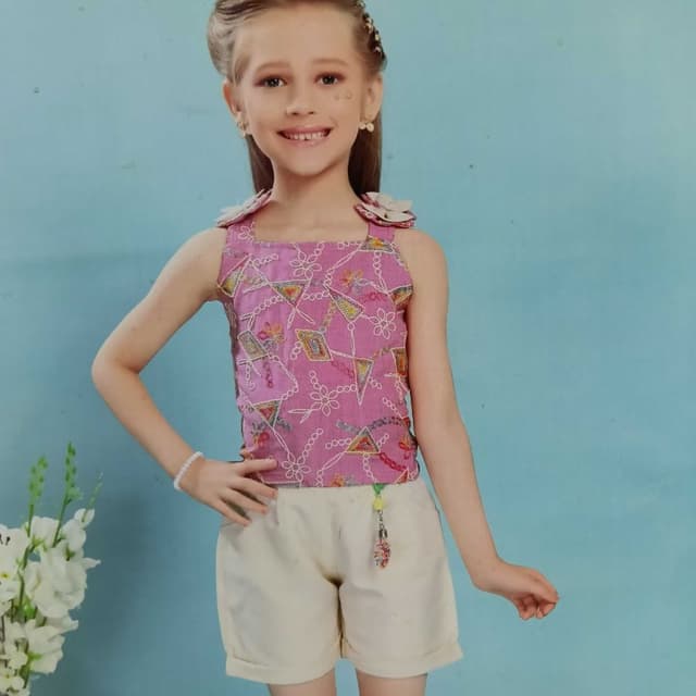 Pink, Off-white, Multi-color Top and Shorts Set