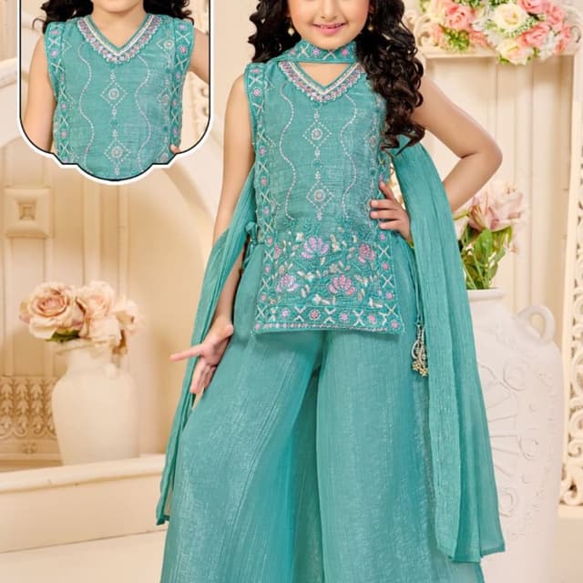 Sky Blue, Turquoise, Pink, Silver Sharara Set