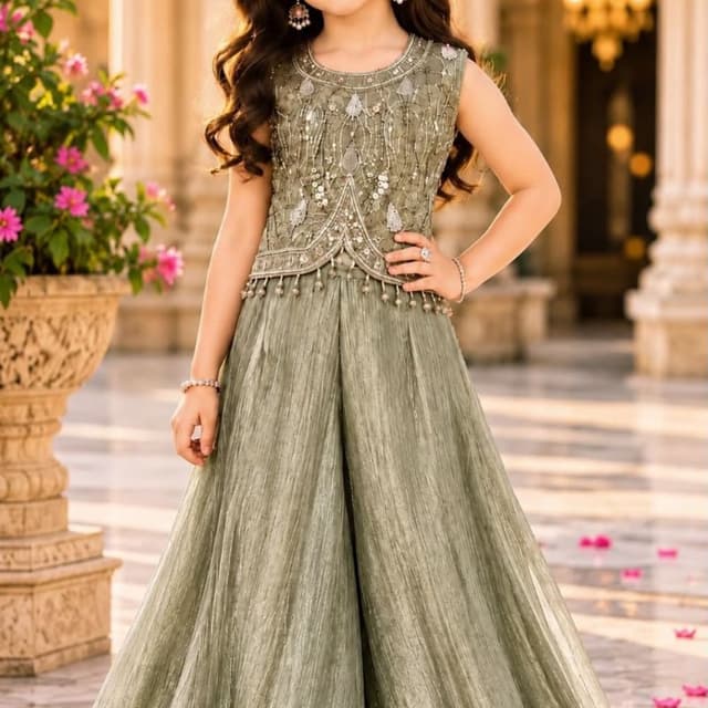 Sage green, metallic silver Sharara set with sleeveless top