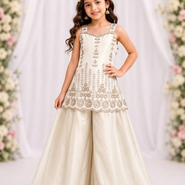 Off-white or cream with gold embroidery Sharara Set